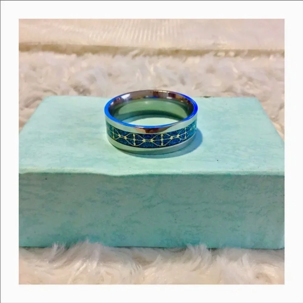 SOLD! Hieroglyphic Turquoise Stainless Band - Picture 1 of 5